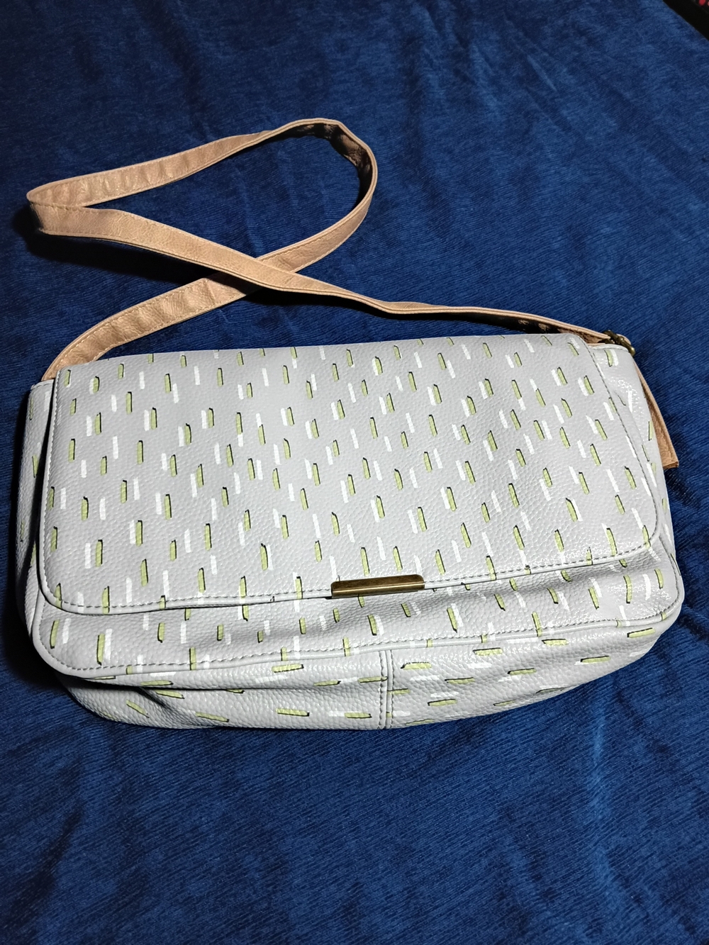 Thirty-one Gray Crossbody with Green And White Accents and Tan Strap